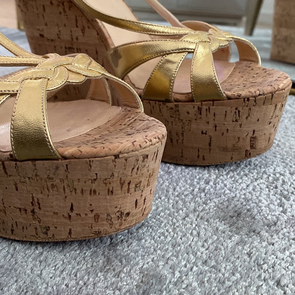 Gold Strap Platform Wedge Sandals - image 7